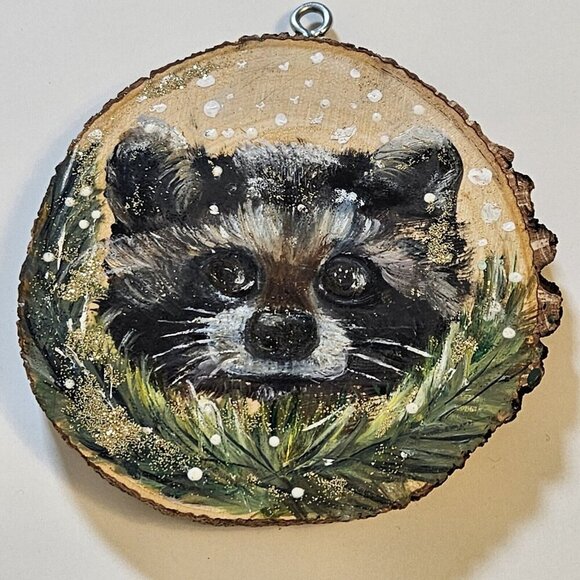 Handmade Round Wood Ornaments Lot of 2 Christmas Winter Hanging Loop Unique Art - Picture 3 of 12